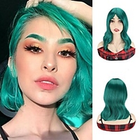 Synthetic Wig Cosplay Wig Body Wave Silky Wavy Bob Short Bob Neat Bang Wig 12 inch Green Synthetic Hair 12 inch Women