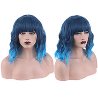 Synthetic Wig Curly Bob Neat Bang Wig Short Lake Blue Synthetic Hair Women
