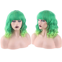 Synthetic Wig Curly Neat Bang Wig Short Green Synthetic Hair Women