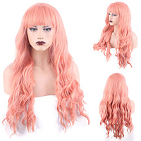 Synthetic Wig Deep Wave Neat Bang Wig Medium Length Pink Synthetic Hair Women
