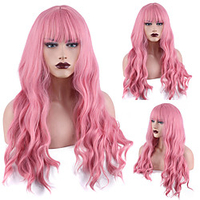Synthetic Wig Deep Wave Neat Bang Wig Medium Length Pink Synthetic Hair Women