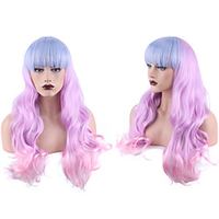Synthetic Wig Deep Wave Neat Bang Wig Medium Length Violet Pink Synthetic Hair Women