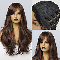 Synthetic Wig kinky Straight Loose Wave Side Part With Bangs Wig 22 inch Dark Brown Synthetic Hair 22 inch Women