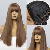 Synthetic Wig kinky Straight Natural Straight With Bangs Wig 26 inch Dark Brown Synthetic Hair 25 inch Women