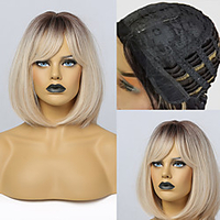 Synthetic Wig kinky Straight Short Bob With Bangs Wig 14 inch Light Brown Synthetic Hair 14 inch Women