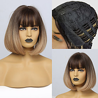 Synthetic Wig kinky Straight With Bangs Wig 14 inch Ombre Brown Synthetic Hair 13 inch Women
