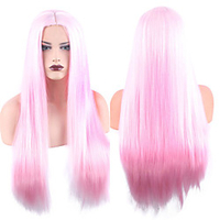 Synthetic Wig Natural Straight Middle Part Wig Medium Length Pink Synthetic Hair Women