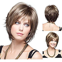 Synthetic Wig Straight Straight Bob Pixie Cut With Bangs Wig Short Brown With Blonde Synthetic Hair 8 inch Women