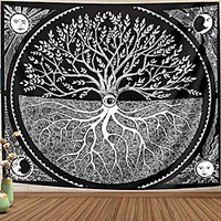 tapestry wall hanging for bedroom black and white,  tree of life sun moon art wall blanket aesthetic home dorm decor for living room