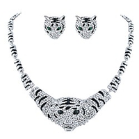 tiger head austrian crystal necklace earrings set clear silver-tone