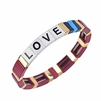 tile enamel love bracelet - letter alphabet soup bracelet colorblock bracelet elastic rectangle bracelet bead tile bracelets for women men stackable gold tila bracelets (burgundy wine red)