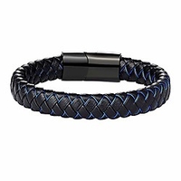 Top Grain Cowhide Braided Black Blue Leather Steel Bracelet for Men