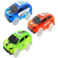 track car 3 pack,  red sport car,  green sport car and blue police car,  with 5 led lights,  compatible with magic tracks,  neo twister tracks