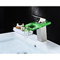 Transparent Bathroom Sink Faucet - Waterfall / LED Nickel Brushed Centerset Single Handle One HoleBath Taps / Brass
