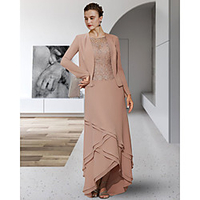 Two Piece A-Line Mother of the Bride Dress Elegant Jewel Neck Asymmetrical Chiffon Lace Sleeveless with Tier Appliques 2020