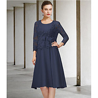 Two Piece A-Line Mother of the Bride Dress Elegant Jewel Neck Knee Length Chiffon Lace 3/4 Length Sleeve with Bow(s) Appliques 2020