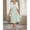 Two Piece A-Line Mother of the Bride Dress Elegant Jewel Neck Knee Length Chiffon Lace Half Sleeve with Pleats Appliques 2020