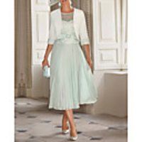 Two Piece A-Line Mother of the Bride Dress Elegant Jewel Neck Knee Length Chiffon Lace Half Sleeve with Pleats Appliques 2020