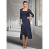 Two Piece A-Line Mother of the Bride Dress Elegant Square Neck Asymmetrical Chiffon Lace 3/4 Length Sleeve with Cascading Ruffles 2020