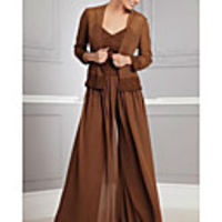 Two Piece A-Line Mother of the Bride Dress Elegant V Neck Floor Length Chiffon Lace Long Sleeve with Lace Ruffles 2020