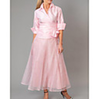 Two Piece A-Line Mother of the Bride Dress Elegant V Neck Floor Length Organza Taffeta Half Sleeve with Ruching 2020