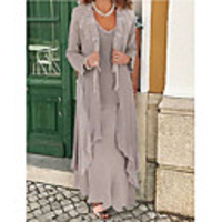 Two Piece A-Line Mother of the Bride Dress Wrap Included Jewel Neck Floor Length Chiffon Long Sleeve with Appliques 2020 Mother of the groom dresses