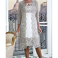 Two Piece A-Line Mother of the Bride Dress Wrap Included Jewel Neck Knee Length Lace Half Sleeve with Appliques 2020 Mother of the groom dresses miniinthebox