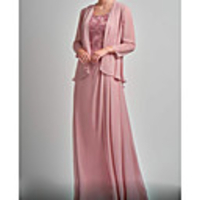 Two Piece A-Line Mother of the Bride Dress Wrap Included Scoop Neck Floor Length Chiffon Lace Long Sleeve with Lace Pleats Crystals 2020 Mother of the groom dresses