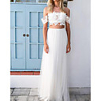 Two Piece A-Line Wedding Dresses Off Shoulder Floor Length Lace Tulle Sleeveless Beach with Appliques 2020