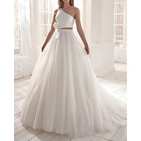 Two Piece A-Line Wedding Dresses One Shoulder Court Train Satin Tulle Sleeveless Romantic Simple with Bow(s) 2020