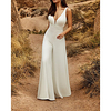 Two Piece Jumpsuits Wedding Dresses V Neck Chapel Train Detachable Lace Satin Sleeveless Country Simple with Appliques 2020