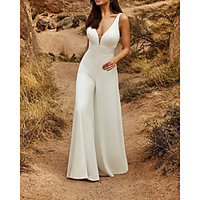 Two Piece Jumpsuits Wedding Dresses V Neck Chapel Train Detachable Lace Satin Sleeveless Country Simple with Appliques 2020