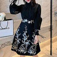 Two Piece Little Black Dress Elegant Homecoming Cocktail Party Dress High Neck Long Sleeve Knee Length Chiffon with Embroidery 2021 miniinthebox