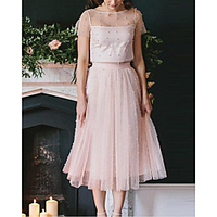 Two Piece Minimalist Elegant Engagement Cocktail Party Dress Illusion Neck Short Sleeve Tea Length Tulle with Pleats Beading 2020
