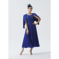 Two Piece Mother of the Bride Dress Elegant Luxurious Wrap Included Scoop Neck Tea Length Chiffon 3/4 Length Sleeve with Lace Ruching 2020 Mother of the groom dresses