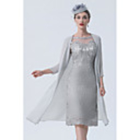 Two Piece Mother of the Bride Dress Vintage Sexy Plus Size Jewel Neck Tea Length Chiffon 3/4 Length Sleeve with Lace 2020 Mother of the groom dresses