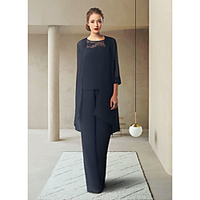 Two Piece Pantsuit / Jumpsuit Mother of the Bride Dress Elegant Jewel Neck Floor Length Chiffon 3/4 Length Sleeve with Sequin 2020
