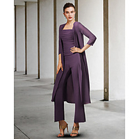 Two Piece Pantsuit / Jumpsuit Mother of the Bride Dress Elegant Jewel Neck Floor Length Chiffon Half Sleeve with Ruching 2021 miniinthebox