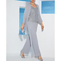 Two Piece Pantsuit / Jumpsuit Mother of the Bride Dress Elegant Plus Size Jewel Neck Ankle Length Chiffon Lace Sleeveless with Lace 2020 Mother of the groom dresses