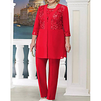Two Piece Pantsuit / Jumpsuit Mother of the Bride Dress Wrap Included Jewel Neck Floor Length Chiffon 3/4 Length Sleeve with Appliques Ruching 2021 miniinthebox