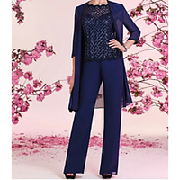 Two Piece Pantsuit / Jumpsuit Mother of the Bride Dress Wrap Included Scalloped Neckline Floor Length Chiffon Sequined 3/4 Length Sleeve with Ruching 2021 miniinthebox