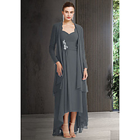 Two Piece Sheath / Column Mother of the Bride Dress Elegant Bateau Neck Asymmetrical Chiffon Lace 3/4 Length Sleeve with Draping Crystal Brooch 2020