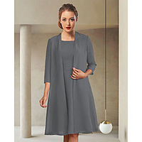 Two Piece Sheath / Column Mother of the Bride Dress Elegant Jewel Neck Knee Length Chiffon 3/4 Length Sleeve with Ruching 2020