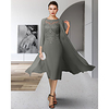 Two Piece Sheath / Column Mother of the Bride Dress Elegant Jewel Neck Tea Length Chiffon Lace Sleeveless with Appliques 2020