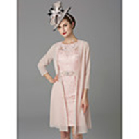 Two Piece Sheath / Column Mother of the Bride Dress Elegant Plus Size Jewel Neck Knee Length Chiffon Lace Sleeveless with Lace 2020 Mother of the groom dresses