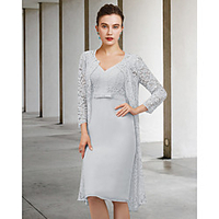 Two Piece Sheath / Column Mother of the Bride Dress Elegant V Neck Knee Length Chiffon Lace Long Sleeve with Bow(s) 2021 miniinthebox