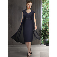 Two Piece Sheath / Column Mother of the Bride Dress Elegant V Neck Knee Length Chiffon Short Sleeve with Sash / Ribbon 2020