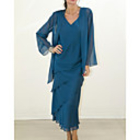 Two Piece Sheath / Column Mother of the Bride Dress Elegant V Neck Tea Length Chiffon Long Sleeve with Ruffles 2020