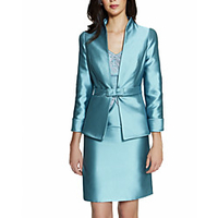 Two Piece Sheath / Column Mother of the Bride Dress Elegant Vintage Jewel Neck Knee Length Taffeta 3/4 Length Sleeve with Lace Bow(s) 2020