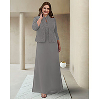 Two Piece Sheath / Column Mother of the Bride Dress Plus Size Elegant Jewel Neck Ankle Length Chiffon Lace 3/4 Length Sleeve with Appliques 2020